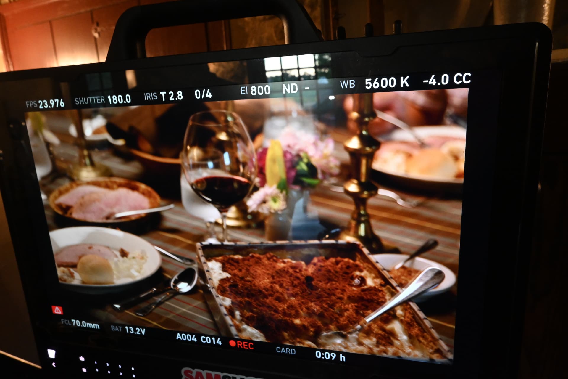 Behind the scenes with Montage Media Production Company: Monitor framing the dinner table close up