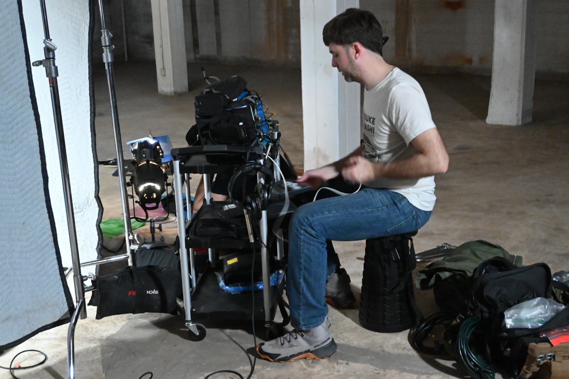 Behind the scenes with Montage Media Production Company: Sound cart and mixer during the basement shoot
