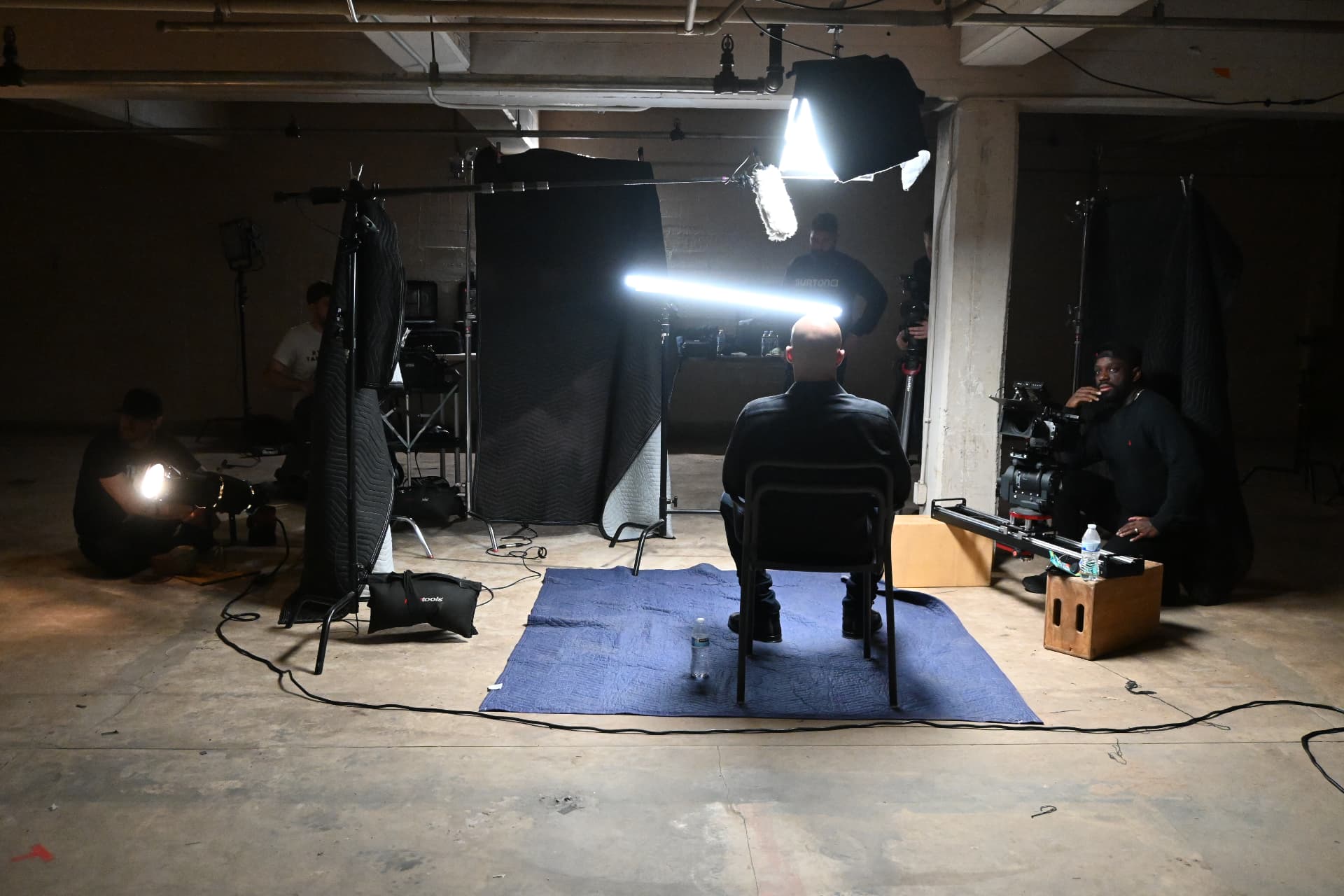 Behind the scenes with Montage Media Production Company: Wide crew view of the basement interview stage