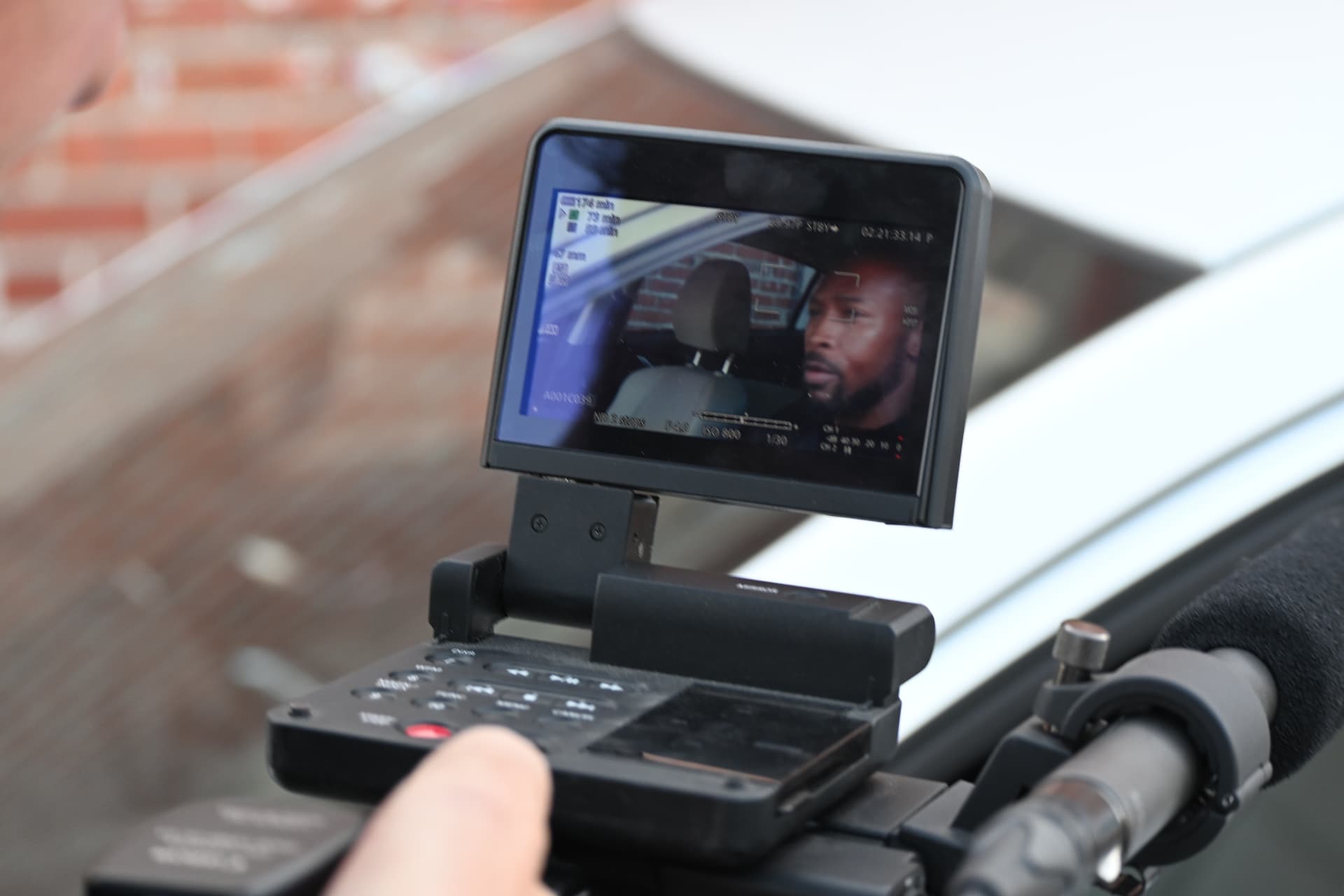 On camera monitor capturing an exterior scene during a Los Angeles shoot produced by E'Ian West of Montage Media Production Company