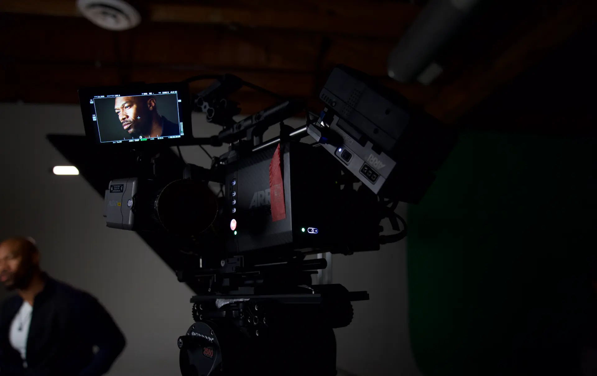 Field monitor framing a portrait interview on the cinema rig during a Los Angeles shoot produced by E'Ian West of Montage Media Production Company