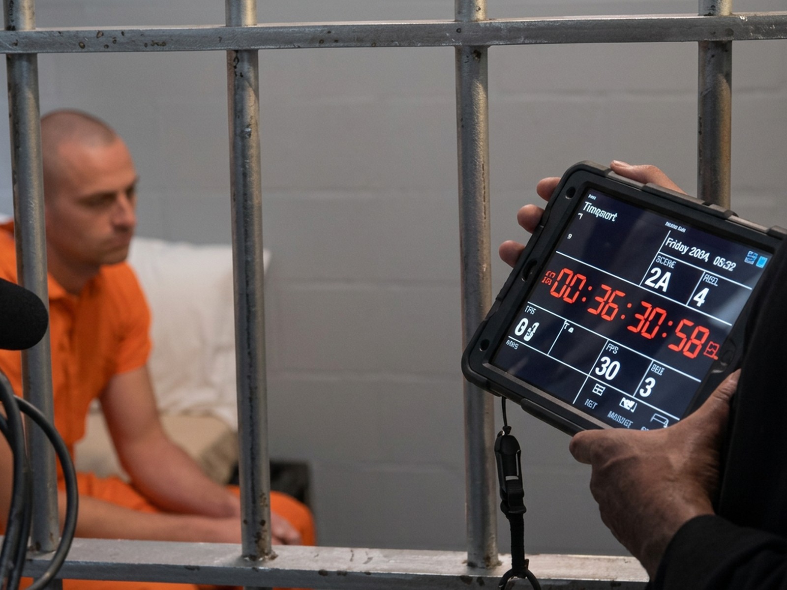 Monitor playback on a holding cell scene during a Los Angeles shoot produced by E'Ian West of Montage Media Production Company