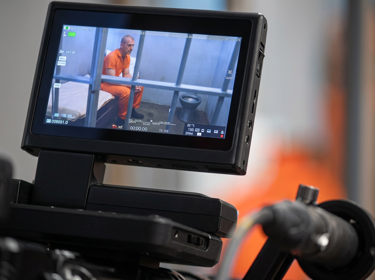Monitor coverage of the cell block scene, photographed on location with E'Ian West and the Montage Media Production Company team